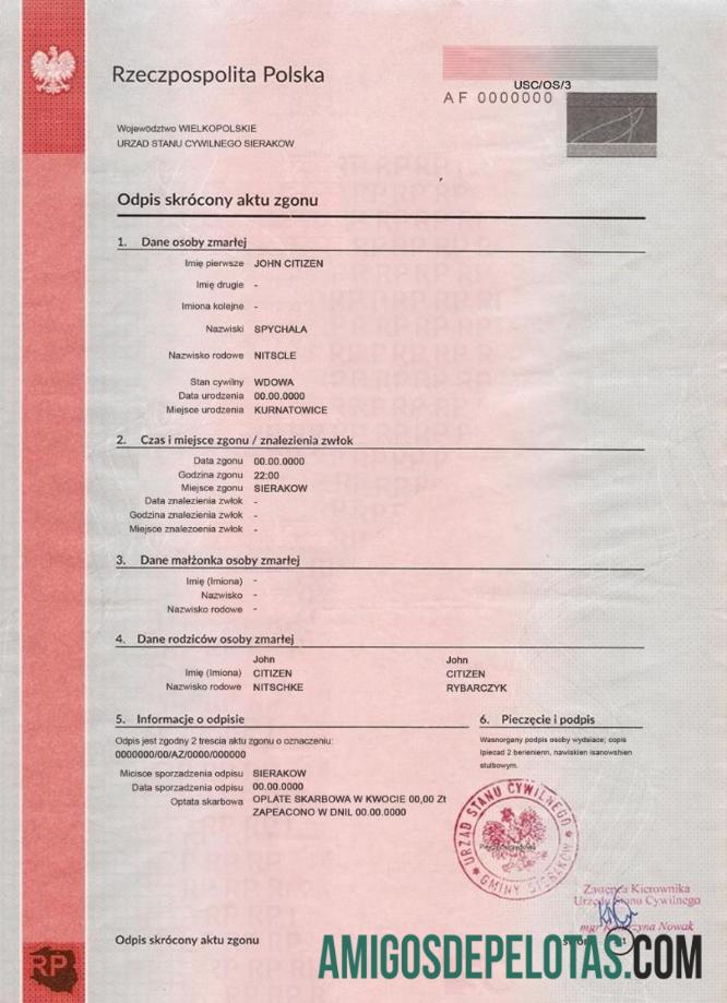 Certidão de Óbito da Polônia baixar para verificação